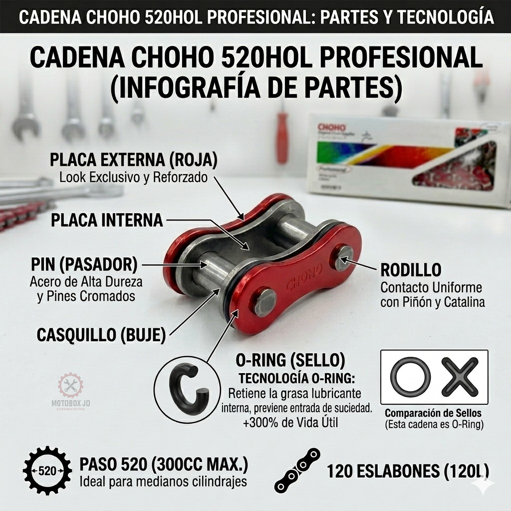 Cadena de transmisión Choho O-ring 520HOL-120L roja para Pulsar NS200, Suzuki Gixxer 250, Kawasaki Z250SL y KTM Duke 200 - MotoBox JO Cali