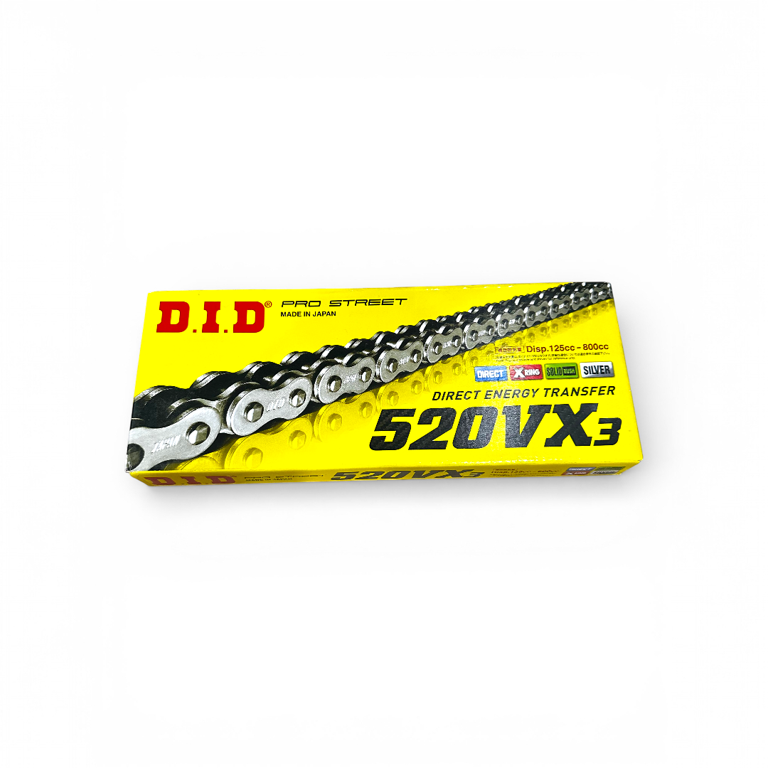 Cadena DID 520 VX3 X-ring Silver hecha en Japón para Suzuki Gixxer 250, V-Strom 250, Kawasaki Versys 650 y KTM Duke 690 - MotoBox JO Cali